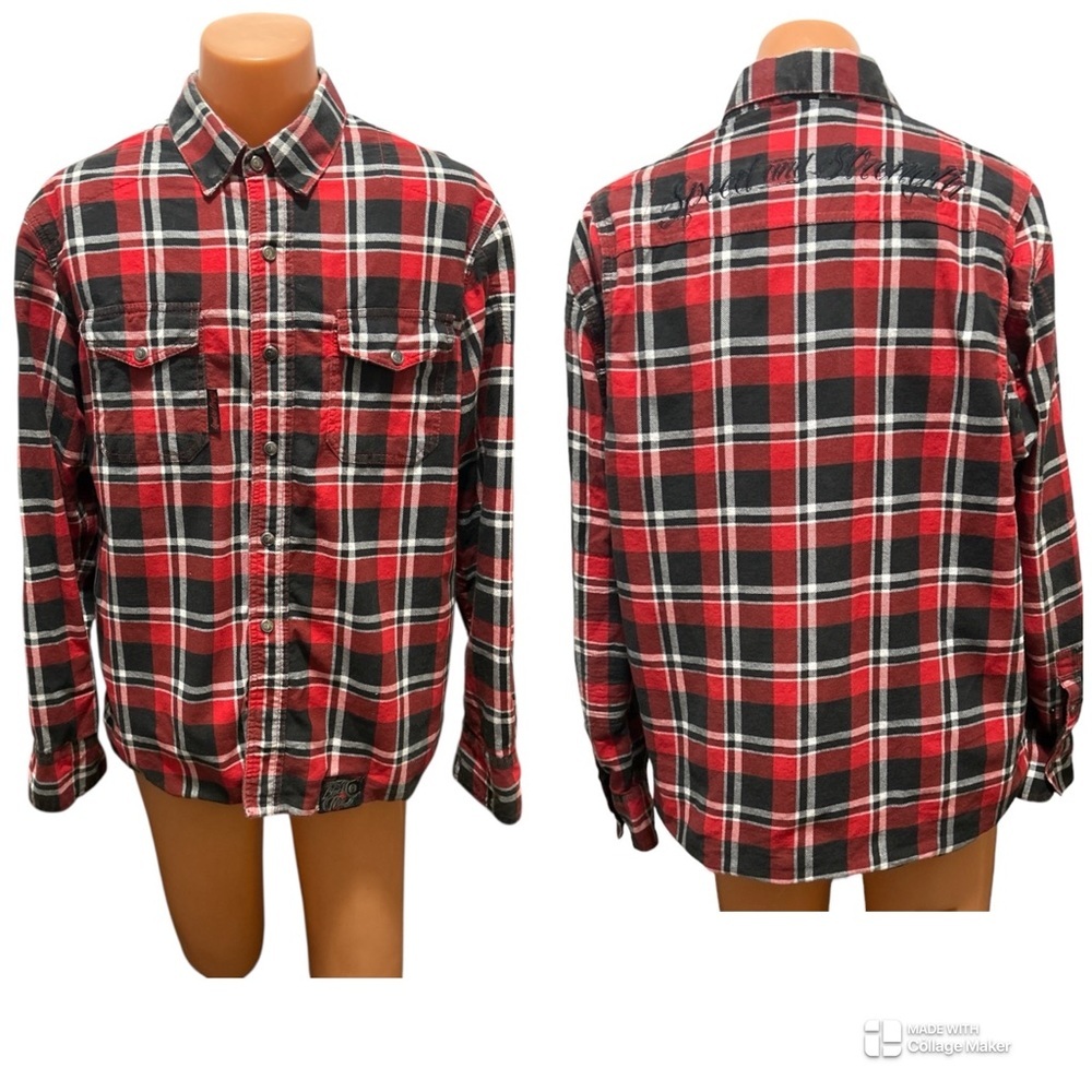 Speed & Strength Mens XL Button Up Zip Flannel Plaid Shirt Mesh Lined Black Nine